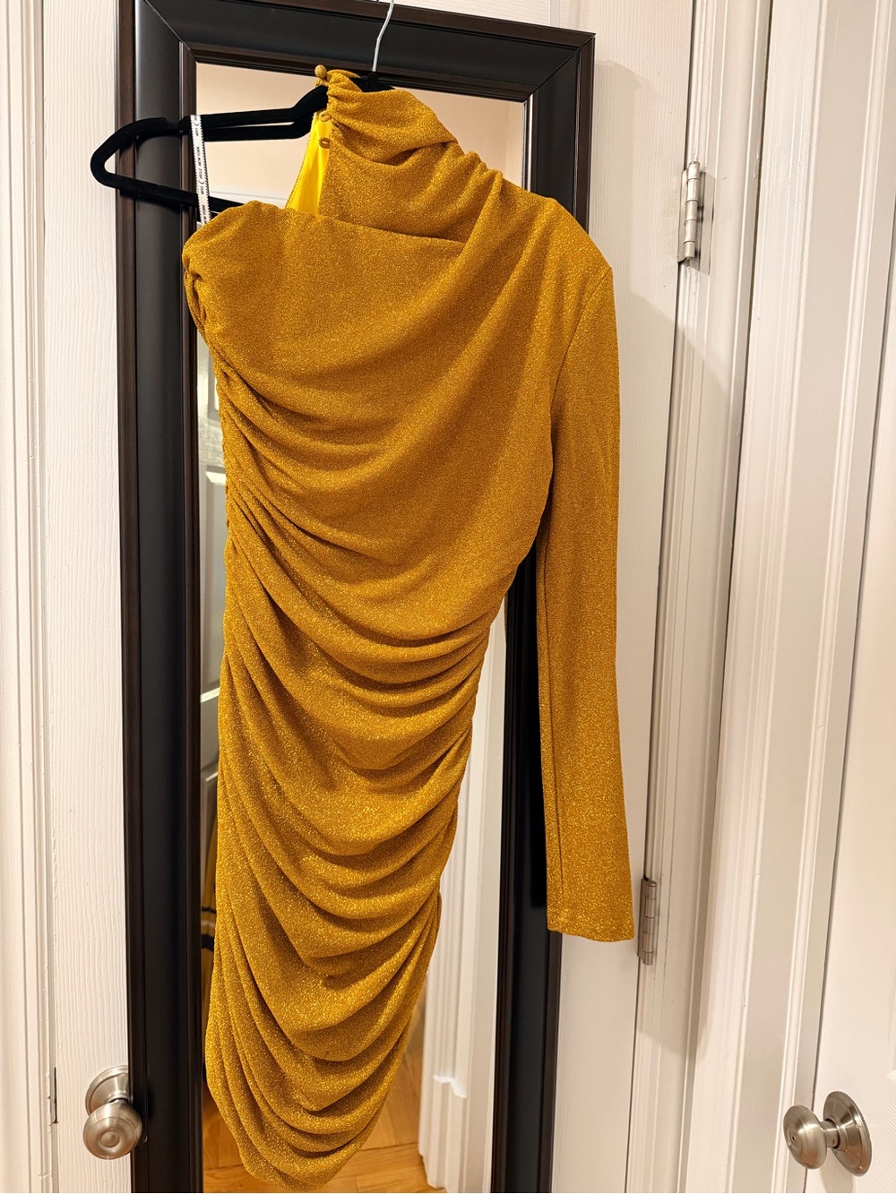 One-Shoulder Metallic Mustard Ruched Dress